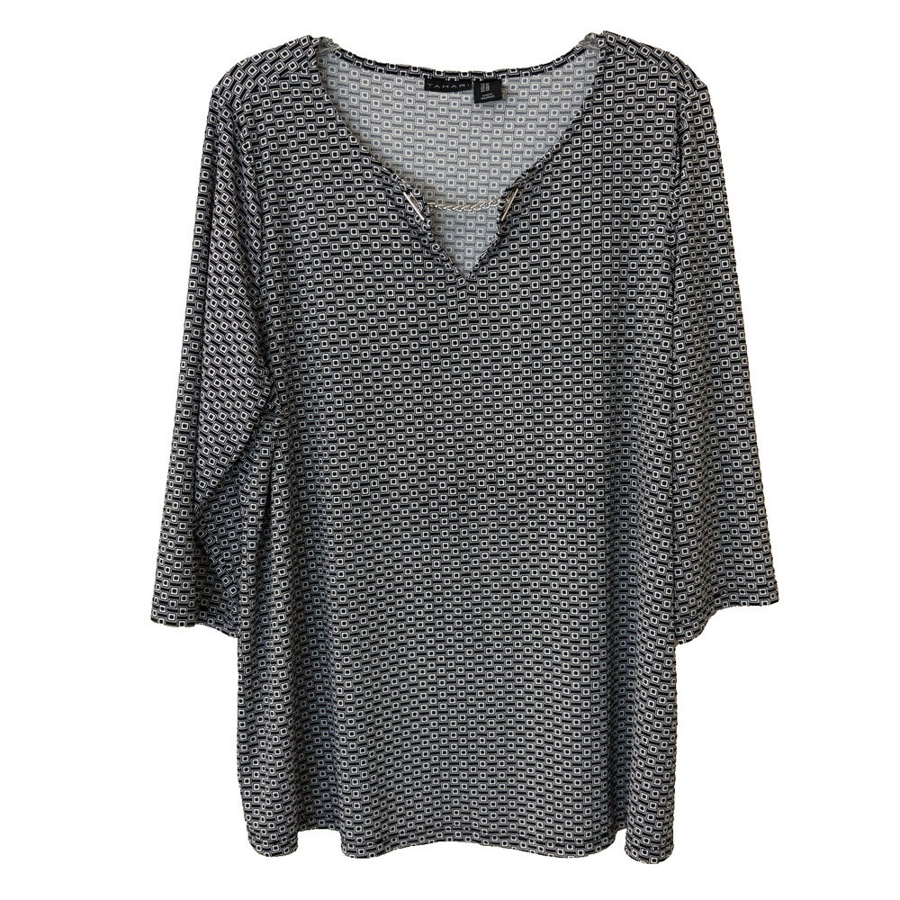 Tahari Womens Black White Geometric 3/4 Sleeve Blouse Silver Tone Clasp, Sz 1X